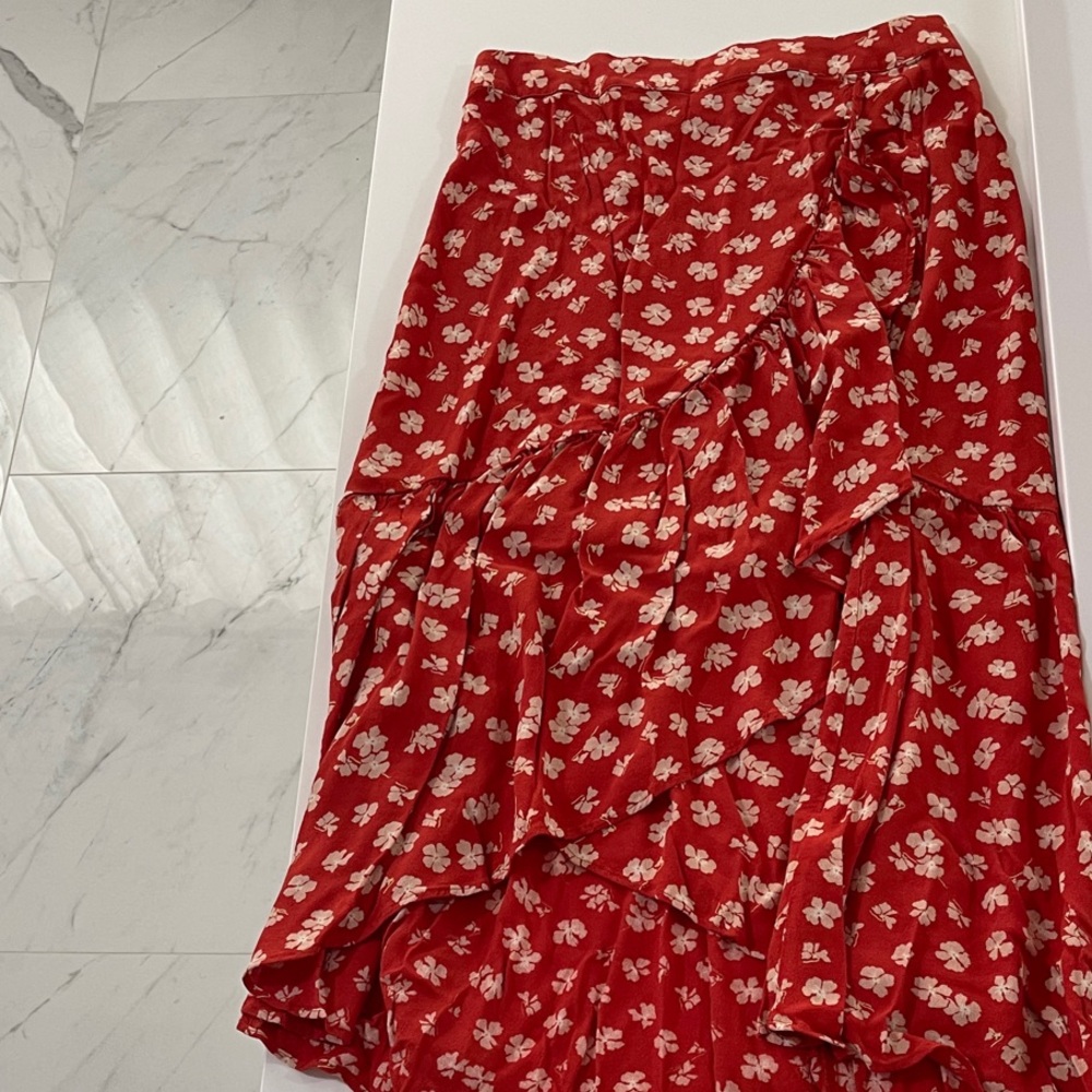 Madewell Red Asymmetrical Skirt with White Floral Pattern